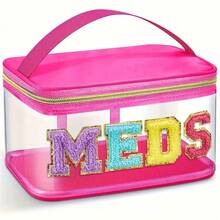 Fashion Chenille Letter Patch Toiletry Bag, MEDS Makeup Bag - Transparent Travel Storage Bag With Handle, Nylon Zipper Toiletry Bag, XSB1207-Toiletry Bag-LY28 - màu xanh lá - Xem 3