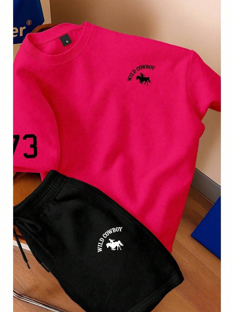 Men's T-Shirt And Shorts Set - New Summer Collection - Modern - Premium Cotton - 玫紅色 - 查看 1