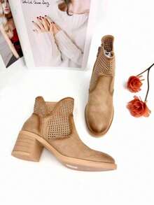 Women's Casual Style Heeled Ankle Boot, Spring Summer Collection, Open Ankle With Studs, Buckle Closure - All Khaki - View 1