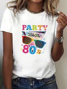 Camiseta gráfica de cultura musical disco, estilo vintage, texto colorido con gafas retro y patrón de elemento de relámpago, llena de nostalgia de la cultura de las fiestas, camiseta de mujer, cómoda de cuello redondo, blusas de mujer, otoño de mujer, diaria casual, otoño e invierno de mujer, parte superior de abrigo de mujer - Blanco - Ver 11