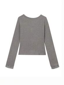 Sexy Lace V-Neck Long Sleeve Fitted T-Shirt Undershirt - Grey - View 5