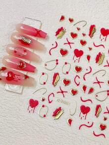 1pc Gold & Red Love Star Moon Totems Nail Art Stickers 5D Valentine's Day Glitter Heart/Red Lip/Bow Nail Decal Manicure Supplies - Multicolor - View 17