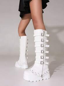 Women's Y2K Style Black Metal Punk Combination Long Boots Cool Platform Height-Enhancing Knee-High Botines Zipper Buckle Leggings Botas, Christmas And Halloween Style Boots - 白色 - 查看 6