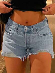 Women's Street Washed Frayed Hem Elastic Denim Shorts, Casual Daily Wear With Pockets, Spring/Summer - Blue - View 5