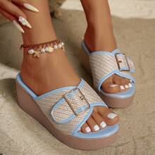 Damen Mode 2026 Sommer Boho Keilabsatz Plateau Runde Zehenkappe mit Metallschnalle Slip-On Braun & Hellblau Lässig Sandalen, geeignet für Zuhause, Strand, Urlaub und Alltag - Babyblau - Übersicht 12