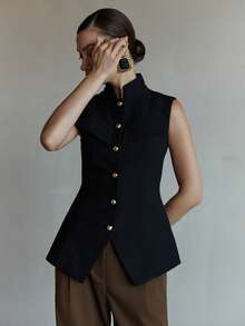 女士优雅套装，春夏新款立领纽扣无袖束腰衬衫背心，黑色，适合日常通勤、海滩派对、约会、复活节、母亲节等场合。 - 黑色 - 查看 9