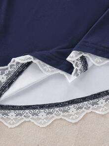 1pc Girls Sweet & Spicy Lace V-Neck Asymmetrical Hem Fitted Short Sleeve T-Shirt With Badge & Letter Print, Summer - Blue - View 6