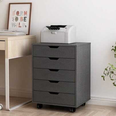 5 Drawer Mobile File Cabinet Under Desk Storage Organization With Wheels Vertical Filing Chest Rolling Wood Small Desk Printer Stand For Home Office, 16.50"D X 19.49"W X 26.34"H,Beige And Dark Grey