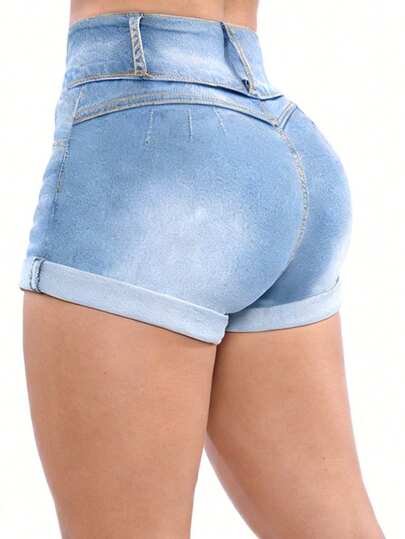 Pantalones cortos de tiro alto de mezclilla lavada en azul claro con dobladillo para mujer, con cierre de botón