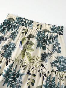 EARO Women's Long Printed Layered Skirt, Non-Stretch Fabric, Elastic Waistband, Flowing Long Skirt - Green - View 3