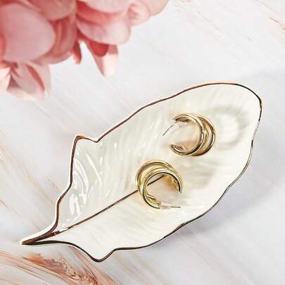 1pc Ceramic Leaf-Shaped Jewelry Tray, Gold Trimmed - Multipurpose Decorative Catchall Dish, Suitable For Home Decor And Holiday Gifts
