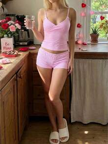 Women Pajamas Set 2 Pieces Loungewear Suits Stripe V-Neck Sleeveless Cami Tops And Shorts Sleepwear Outfits - 粉色 - 查看 1