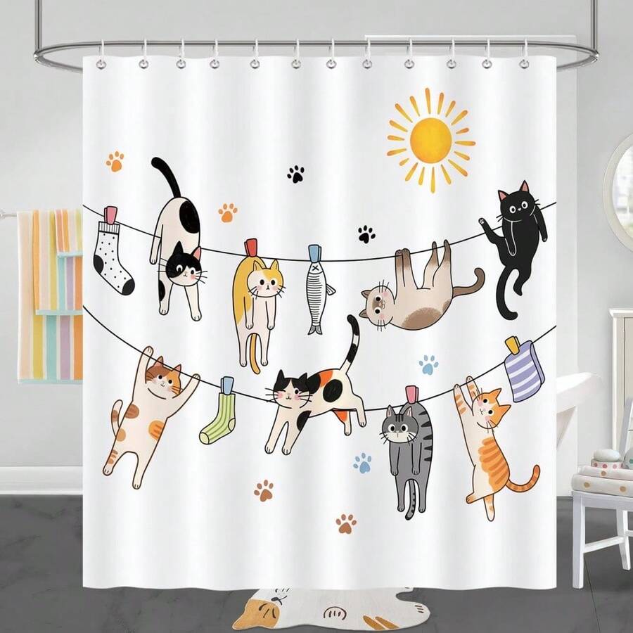 Rèm tắm hình mèo dễ thương, họa tiết dấu chân mèo con tinh nghịch, thích hợp cho người yêu mèo, chất liệu vải polyester chống thấm nước, kèm móc treo, trang trí phòng tắm, phụ kiện phòng tắm. - Nhiều màu - Xem 1