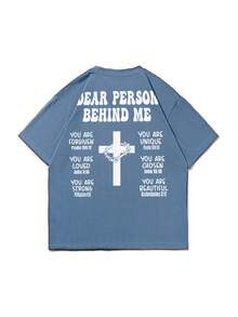 Camiseta de manga corta casual y versátil de K-GLORY para hombres con eslogan en inglés y estampado de cruz - Neblina azul - Ver 6