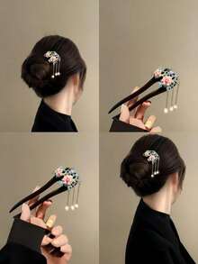 Kẹp tóc hình chữ U bằng gỗ bóng bẩy, kiểu dáng Trung Quốc, đính ngọc trai và hoa mẫu đơn, thích hợp cho Hanfu & Cheongsam, dùng làm phụ kiện đội đầu, kẹp tóc nối, ghim tạo kiểu tóc. - màu đen - Xem 1