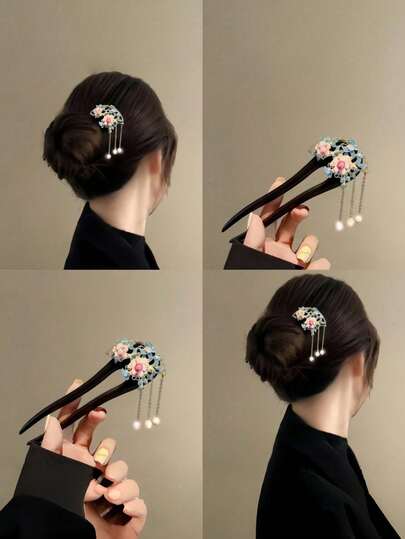 Shiny Retro Elegant Wooden U-Shaped Hair Clip, Chinese Style Peony Pavilion Pearl Tassel Hair Stick For Hanfu & Cheongsam, Suitable For All Seasons, Headpiece, Bun Extension, Hair Styling Pins
