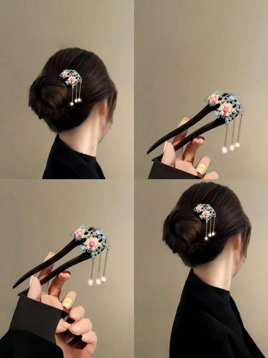 Kẹp tóc hình chữ U bằng gỗ bóng bẩy, kiểu dáng Trung Quốc, đính ngọc trai và hoa mẫu đơn, thích hợp cho Hanfu & Cheongsam, dùng làm phụ kiện đội đầu, kẹp tóc nối, ghim tạo kiểu tóc. - màu đen - Xem 1