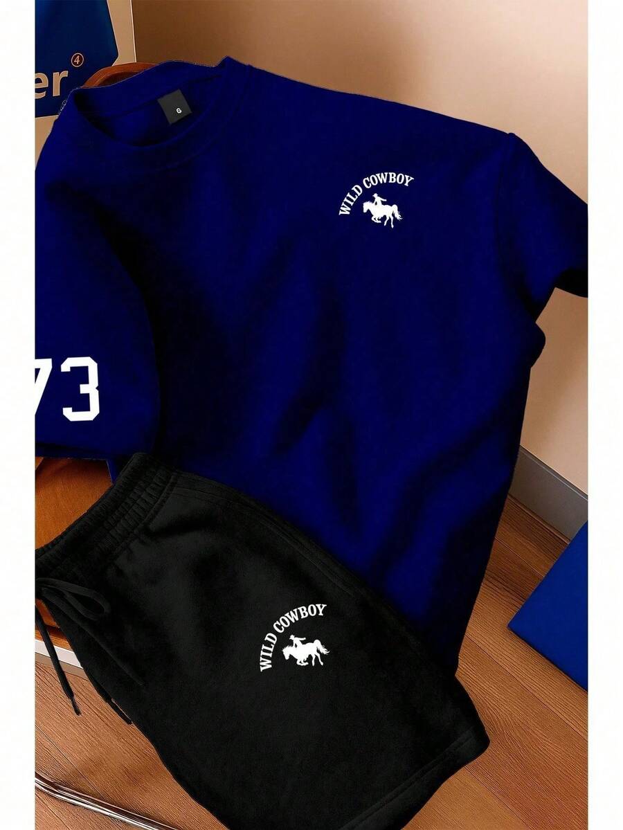 Men's T-Shirt And Shorts Set - New Summer Collection - Modern - Premium Cotton - 藏蓝色 - 查看 1