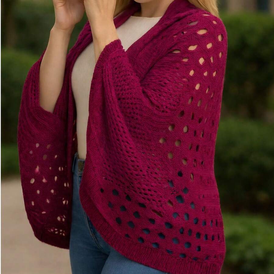 Lace Kimono Cape For Winter, Elegant Knit, One Size - Plus Size - Màu đỏ tím - Xem 1