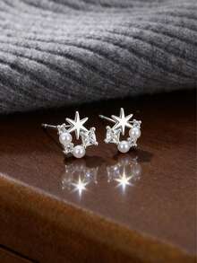 1 Đôi bông tai hình ngôi sao bằng bạc Sterling S925 đính ngọc trai và đá Zirconia, bề mặt kim loại được đánh bóng như gương, thiết kế tối giản hình ngôi sao, phụ kiện thanh lịch cho trang phục hàng ngày. - Ngôi sao - Xem 3