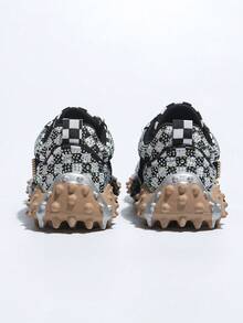 Women's Black & White Checkered Rhinestone Letter Embellished Chunky Serrated Sole Low-Top Casual Sneakers - Black and White - View 6