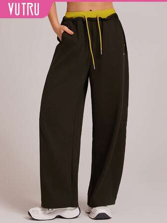 VUTRU High Waist Contrast Waistband Sports Wide Leg Pants, Casual Straight Leg Trousers