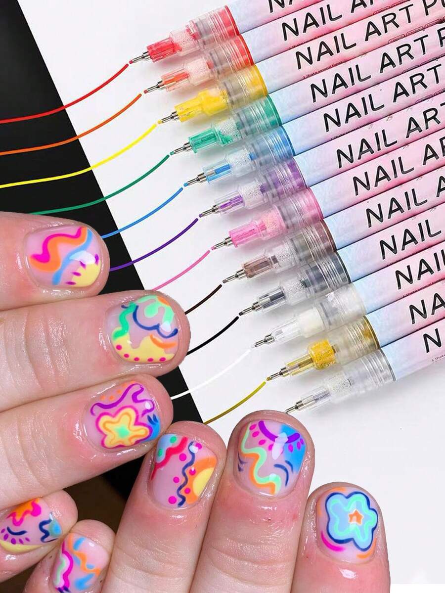 12pcs/Set Nail Art Painting Pen Nail Drawing Hook Line Drawing Flower Pen,Quick-Drying Waterproof Nail Polish Pens, Suitable For Scrapbooks, Writing, Professional Home And Salon Nail Art Supplies - Multicolor - View 1