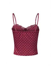 Women Y2k Camisole Tops Polka Dot Print Lace Trim Tie-Up Front Casual Cami Tops Spaghetti Strap Tank Tops Summer Fashion Sleeveless Slim Fitted Shirt Going Out Tops Club Streetwear Fairy Aesthetic Clothes - 紅色 - 查看 6