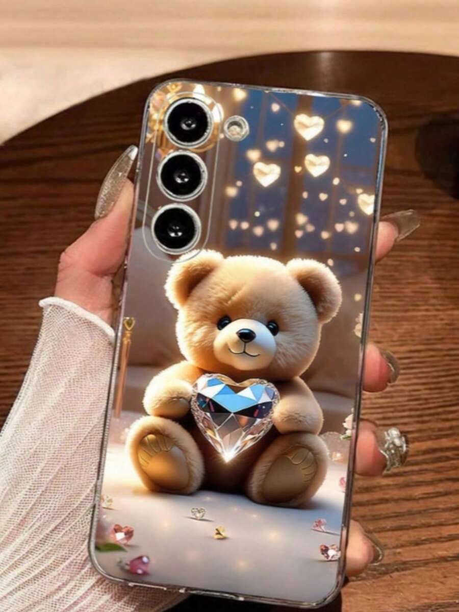 1pc Cute Diamond Bear Heart Transparent Soft Phone Case, Compatible With Samsung Galaxy A04e/12/A13/A14/A34/A50/A52/A53/A54/S21/S22/S23/S24/S25/S25Ultra - Clear - View 1