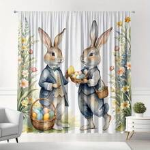 2 piezas Cortinas con estampado de huevos de Pascua en estilo acuarela que presentan un conejo con traje y patrones florales. Estampado plano, tela transparente, perfecta para la decoración del hogar en Pascua/primavera. Adecuada para dormitorios, salas de estar y ventanas del comedor. - Multicolor - Ver 2
