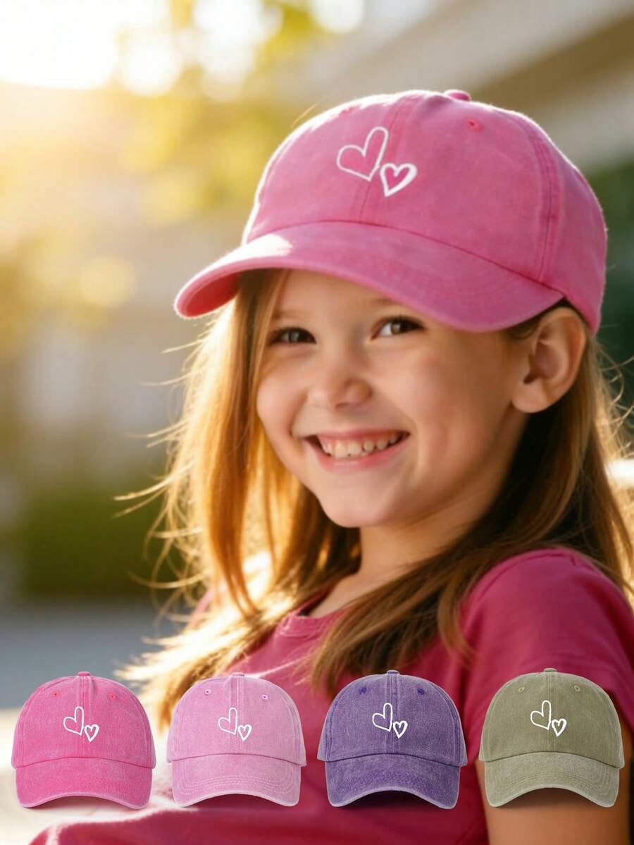 1顶爱心印花水洗儿童棒球帽，可调节户外防晒休闲帽，适合春季、秋季、旅行、海滩、度假，Y2K风格，男女童皆宜 - 棒球帽 - 查看 1