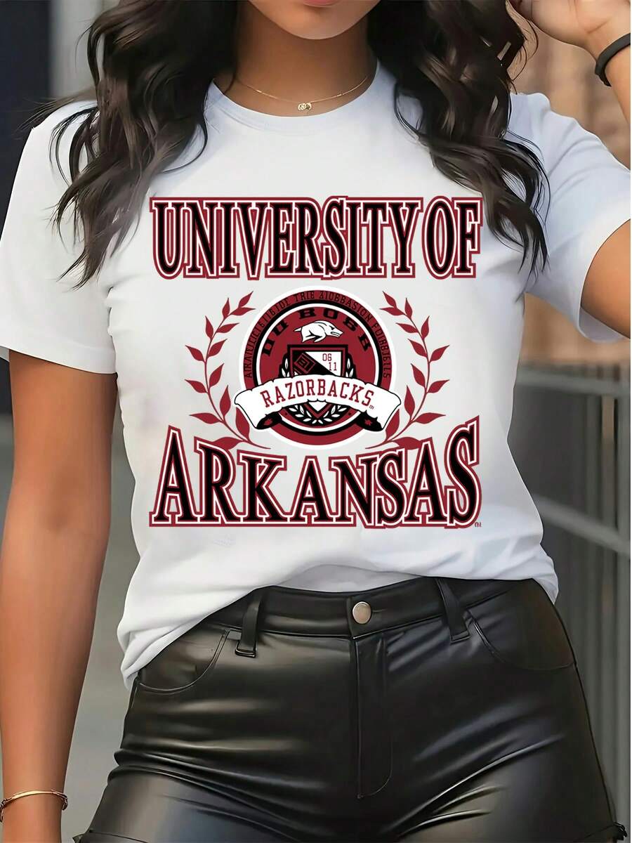 Tricou pentru femei cu imprimeu grafic al Universității din Arkansas Razorbacks, casual, cu mânecă scurtă, guler rotund, moale, pentru purtare zilnică