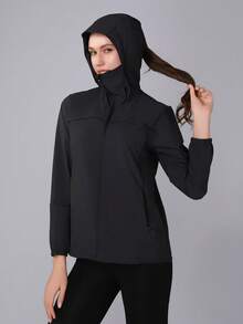 新款轻便纯色女式夹克，春夏款，带帽，适合户外骑行、钓鱼、露营、海滩、休闲户外及日常穿着，黑色连帽夹克，轻便，双向拉链，带多个口袋方便收纳物品，徒步夹克 - 黑色 - 查看 5