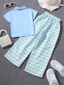 Girls' Plaid Polo Shirt And Pants 2 Pieces Casual Set, Summer - Blue - View 2