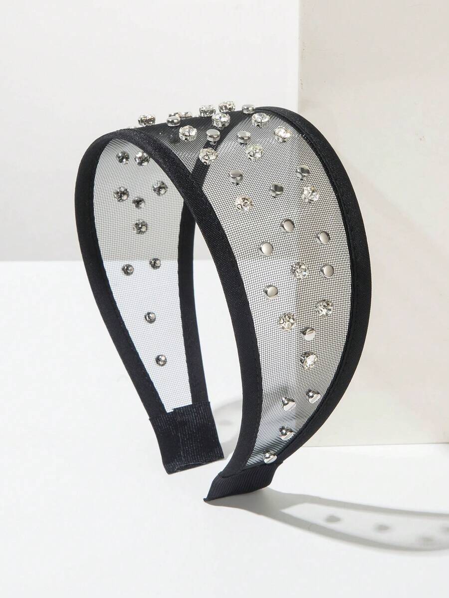 1pc Solid Color Mesh Wide-Banded Korean Style Headband, Simple & Fashionable With Rhinestone Rivet Decor, Elegant & Versatile Hair Accessory For Daily Wear Hairband Hair Hoop Beauty Home Hair Accessories