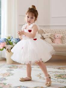 女婴白色亮片撞色红色爱心贴花优雅情人节派对礼服，公主裙，适合女婴一周岁生日派对、婚礼花童、奢华场合庆典礼服 - 白色 - 查看 9