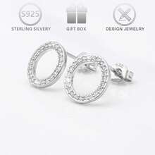 1 Pair 925 Sterling Silver Simple & Versatile Hollow Circle Earrings With Cubic Zirconia, Suitable For Daily Casual Wear, Commuting, Holidays, Birthdays, Valentine's Day Gifts - Silver - View 7