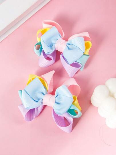2pcs Candy Color Bow Hair Clips, Suitable For Girls, Multi-Bow Satin Hair Clips, Alligator Clips, Children & Teens Hair Accessories, Suitable For Daily Wear