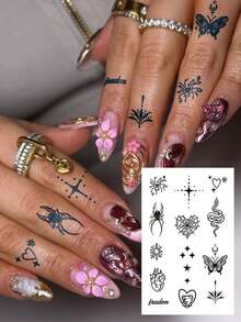6 PCS / 1 Pc Herbal Juice Semi-Permanent Magic Tattoo Stickers - Minimalist Tattoos. These Are Spider Webs, Snake Stars, Geometric Lines, Flowers, Hearts, Valentine's Day, Carnival Gift Patterns. Suitable For Daily Parties And Festival Gifts. Shoulder, Neck, Arm, Finger, Leg, Collarbone, Body. Semi-Permanent Tattoo, Waterproof, Non-Reflective. Tattoo Sticker, Fake Tattoo. - Blue - View 16