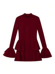 女士优雅纯色针织面料多层荷叶边/褶边领长袖正式连衣裙，适合秋冬季节穿着。 - 紅色 - 查看 9