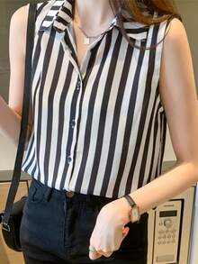 優雅女款極簡主義無袖襯衫，黑白直條紋鈕扣式，休閒無袖領口上衣夏季 - 黑白條 - 查看 3