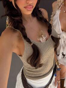 Áo hai dây dệt kim gân vàng ánh kim dành cho nữ, kiểu dáng thường ngày, thời trang ôm sát, thích hợp mặc đi dự tiệc, chất liệu sợi ánh kim. - Lạc đà - Xem 8