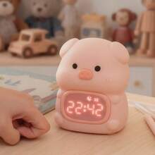 硅胶闹钟灯，睡眠训练器带夜灯，6种闹铃声数字闹钟，适合作为趣味礼物（小猪款） - 彩色 - 查看 3