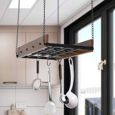 Pot Rack Hanging With 12 Hooks, Kitchen Hanging Pot Pan Holder Hanger Rack Ceiling Mount, Vintage Pot Hangers For Kitchen Ceiling, Black And Brown (24x13x2.4 Inch) ﻿