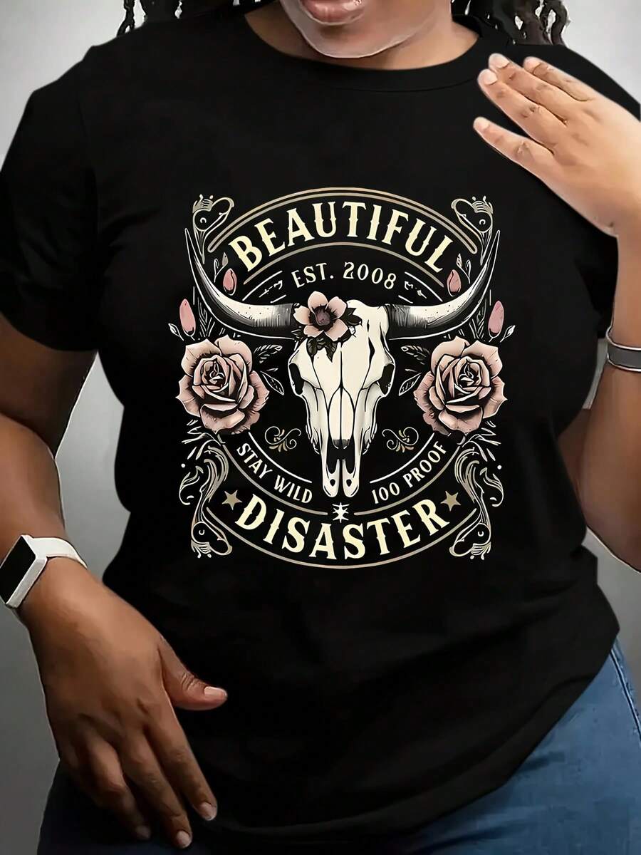 Women's T-Shirt Beautiful Disaster Bull Skull Rose Graphic Design Soft Comfortable Casual Top For St Patrick's Day Easter Carnival Festival Outfits Gift Idea - 黑色 - 查看 1