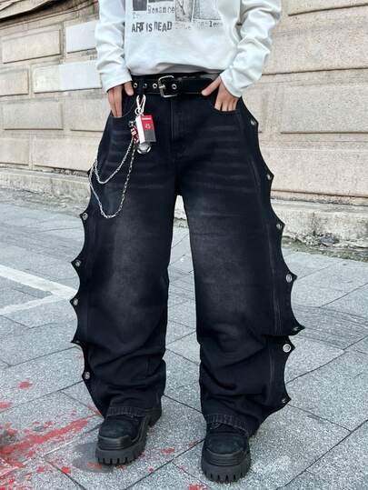 1pc Infinite Jeans American Streetwear Patchwork Distressed Wide Leg Relaxed Fit Casual Jeans Pants, Versatile For All Seasons (Excluding Belt And Accessories)