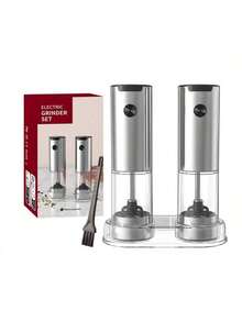 1/2件套电动胡椒研磨器，带收纳底座，自动黑胡椒研磨器，不锈钢胡椒盐研磨器，电池供电，透明容器，研磨粗细可调，单手操作，厨房必备，厨房礼品，节日礼品