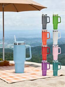 Vaso aislado de acero inoxidable de gran capacidad de 40 onzas, con asa antideslizante, diseñado para viajes largos, de boca ancha y fácil de limpiar, mantiene las bebidas heladas por períodos prolongados - Multicolor - Ver 6