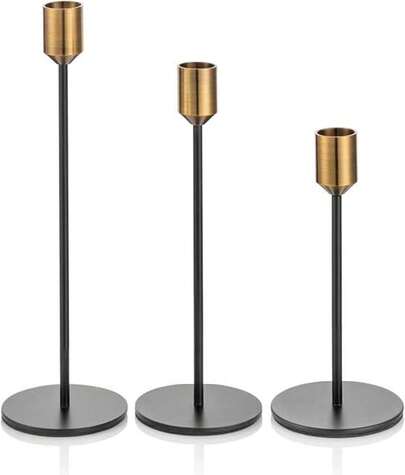 Romadedi Candle Holders Gold & Black - Set Of 3 Tall Candle Holders In Different Sizes For Taper Candle Candles Metal Vintage Modern Decorative Table Decoration For Christmas Wedding Living Room 24/20/14 Cm