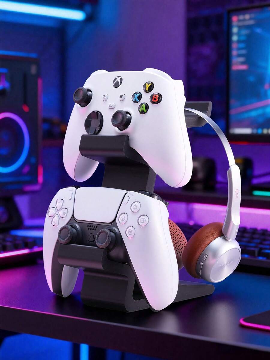 Simple Matte White Handle Headphone Stand, Desktop Holder, Aesthetic Handle Headphone Base Compatible With PlayStation4/5 DualSense, X1-Box Series X/S And Headphone Stands, Layered Minimalist Design, Stable Base, Elevated Platform.